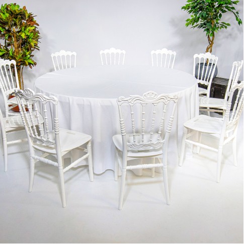 Apaļš banketa galds ar baltiem Bonaparte krēsliem | komplekts, 10 personām, 180 cm | noma
